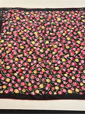 Vintage Holland Silk Tulip Print Scarf in Black with Pink & Yellow Tulips